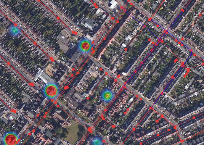 WaterNet map interface showing DMA details, leakage trends and network performance